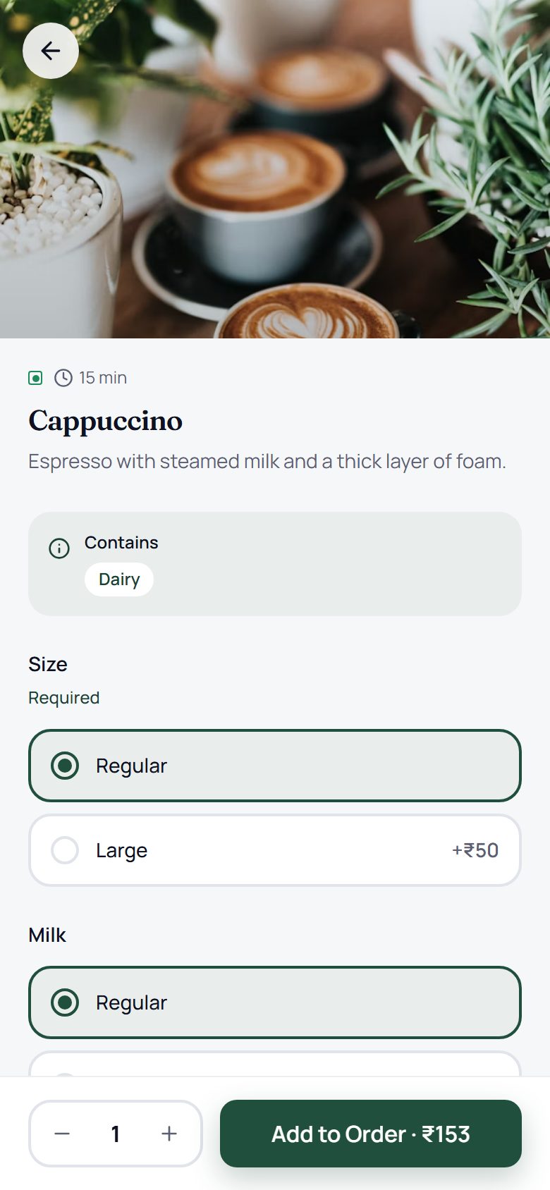 A dish with size and milk choices