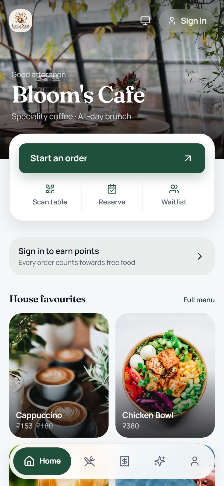 The demo cafe's page in the guest app
