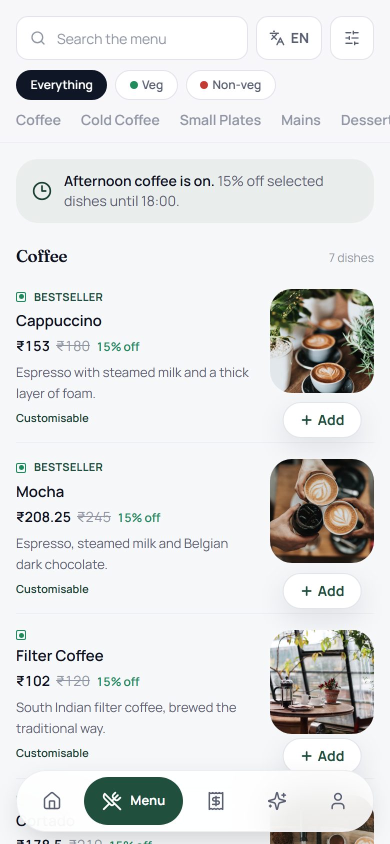 The demo cafe's menu in the guest app