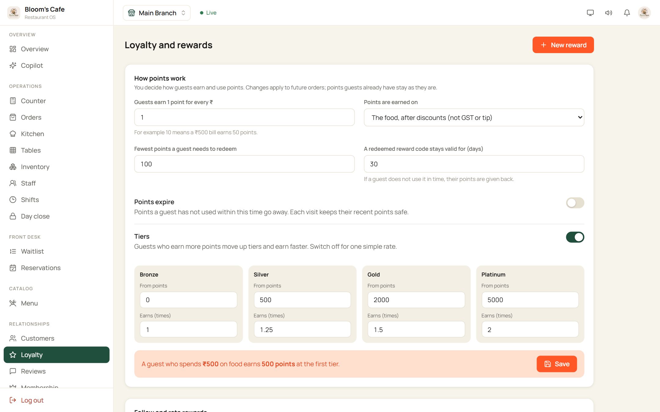 Points and tier settings