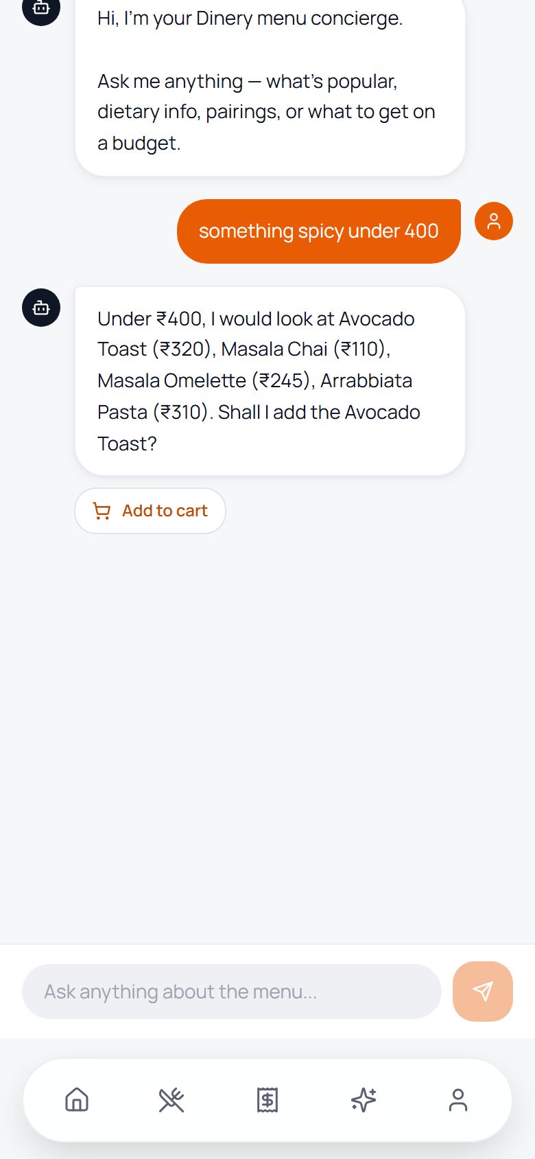 Menu assistant suggesting dishes under 400 rupees