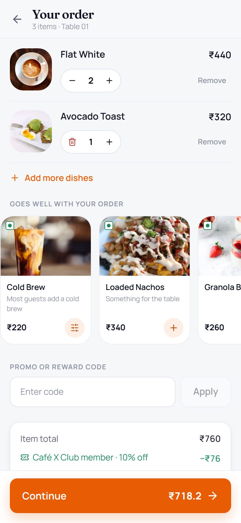 Shared table cart with pairings and member discount