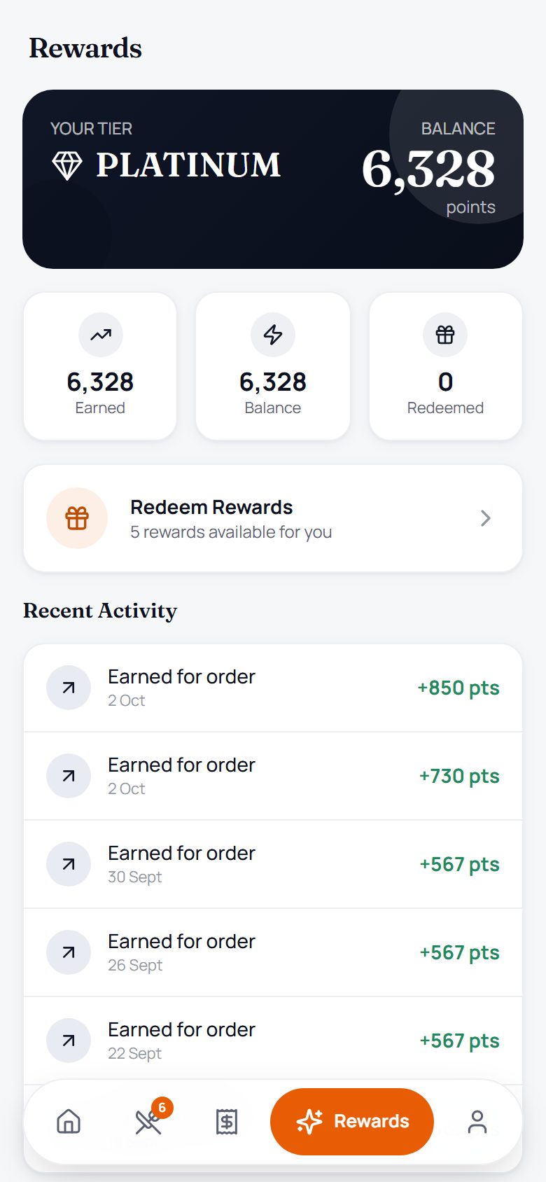 Rewards screen with tier and points history