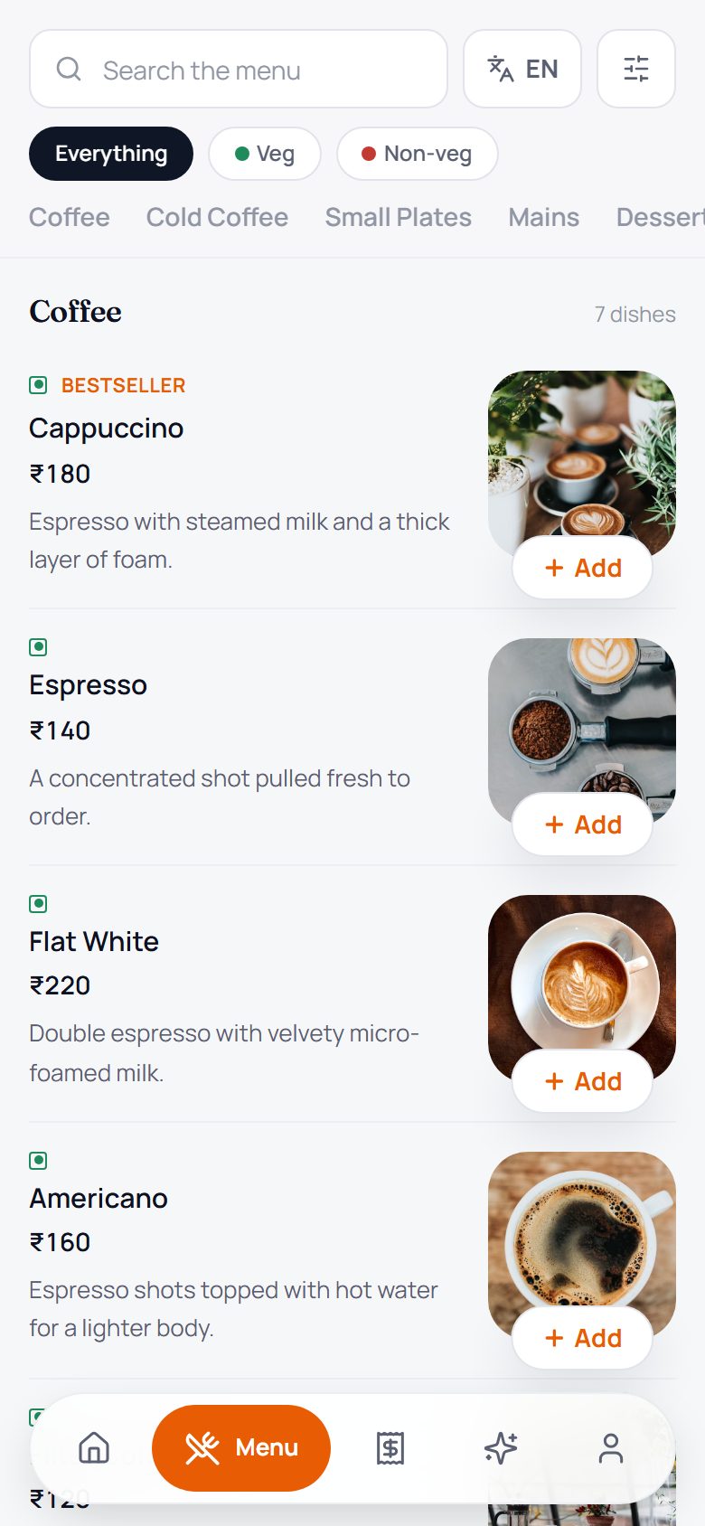 Guest menu with veg filters and dishes
