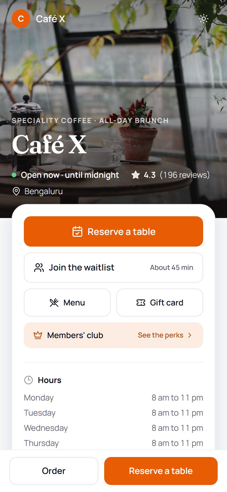 Reservation and gift card screen