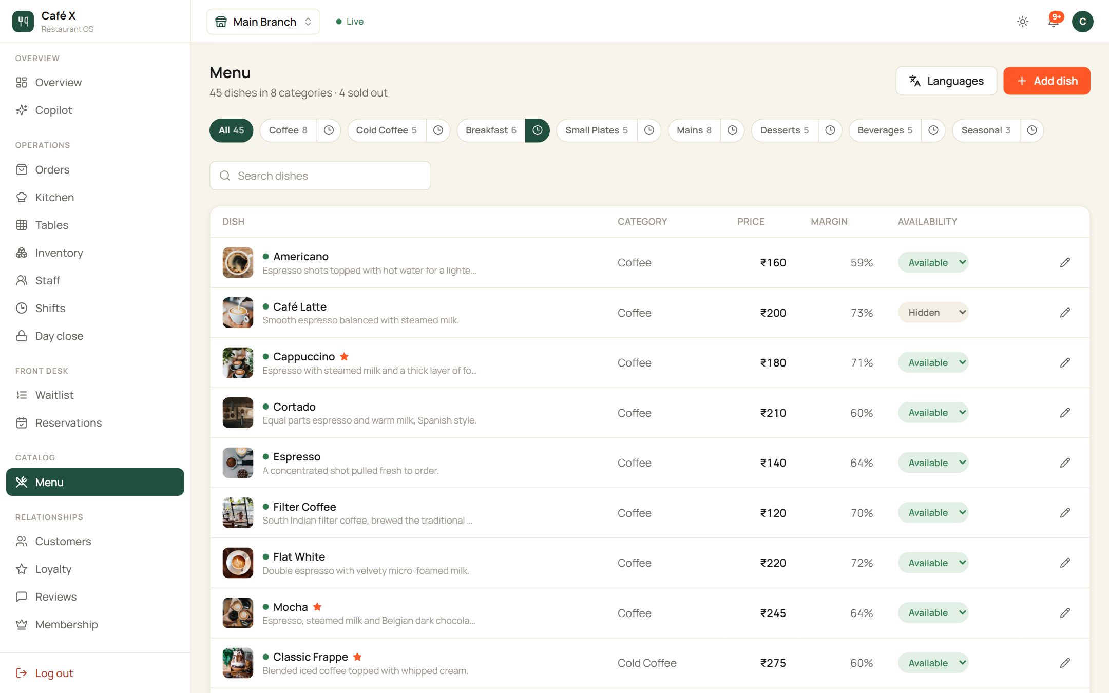 Restaurant OS: menu, prices and stock